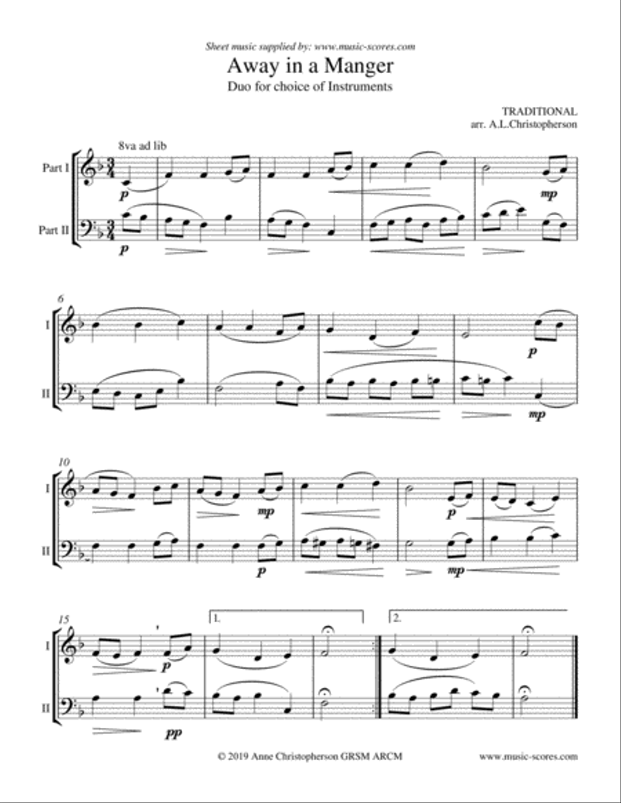 Away in a Manger - Duo for any instruments in Bb, Eb and C C Instrument scores gallery preview page 1