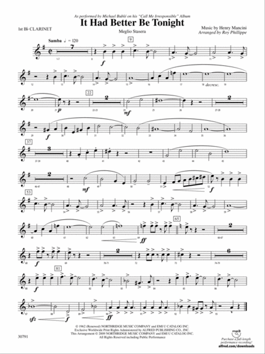 It Had Better Be Tonight (Meglio Stasera): 1st B-flat Clarinet Concert Band scores gallery preview page 1