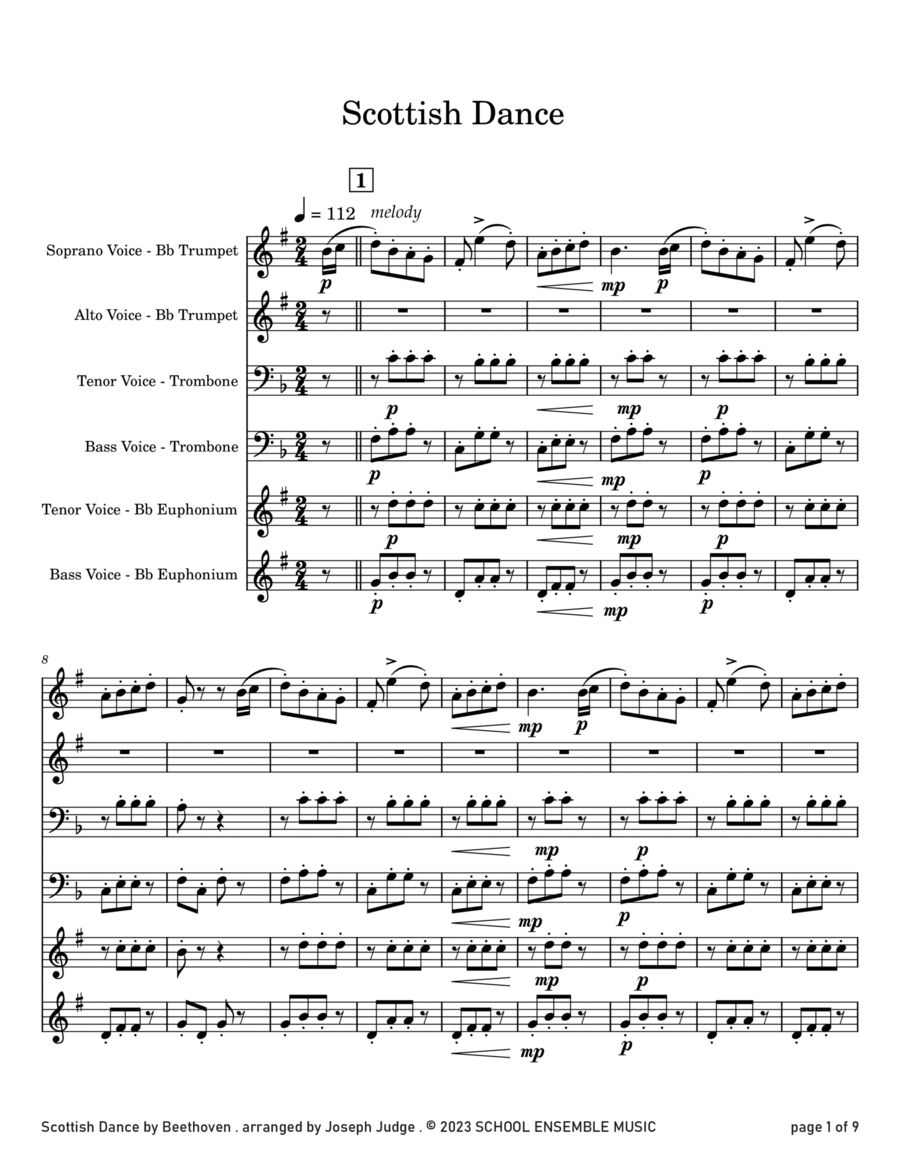 Scottish Dance by Beethoven for Brass Quartet in Schools Brass Quartet scores gallery preview page 1