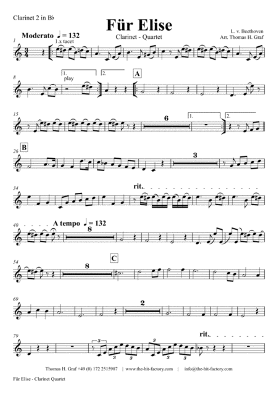 For Elise - Ludwig van Beethoven - Clarinet Quartet Clarinet Quartet scores gallery preview page 6