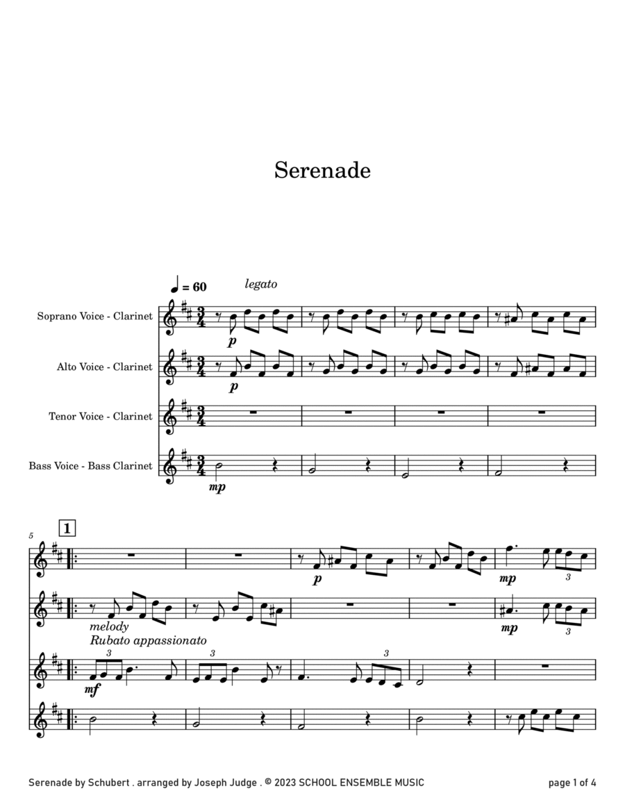 Serenade by Schubert for Clarinet Quartet in Schools Clarinet Quartet scores gallery preview page 1