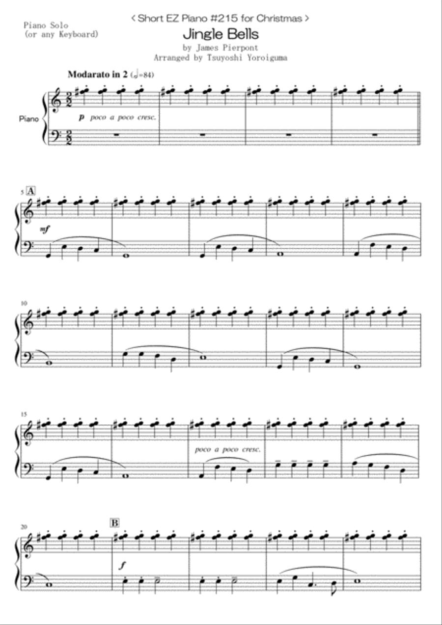 < Short EZ Piano #215 for Christmas > Jingle Bells Easy Piano scores gallery preview page 1
