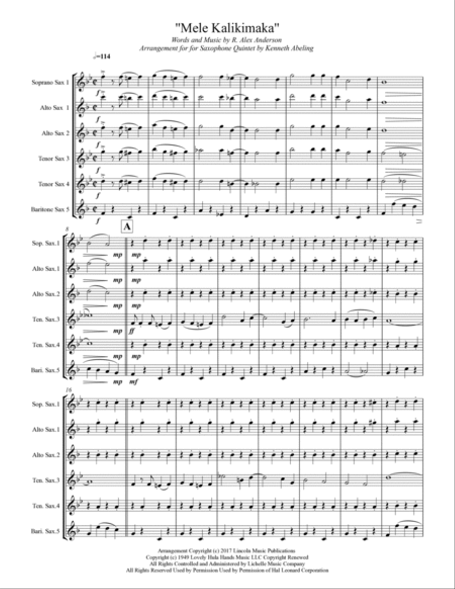 Mele Kalikimaka Saxophone Quintet scores gallery preview page 2