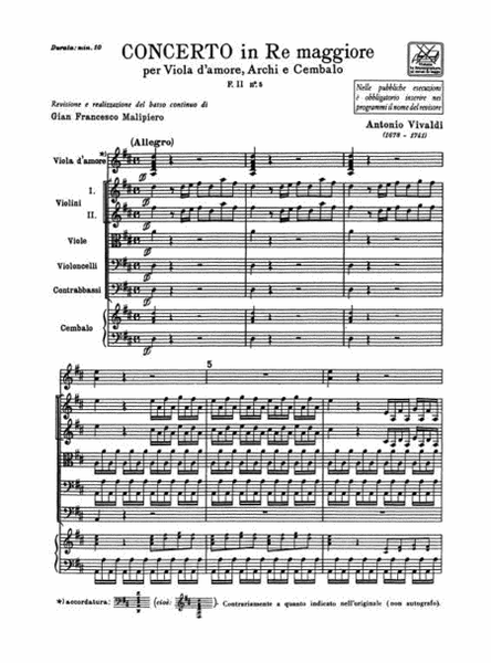 Concerto Per Viola D'Amore, Archi e BC In Re Rv392