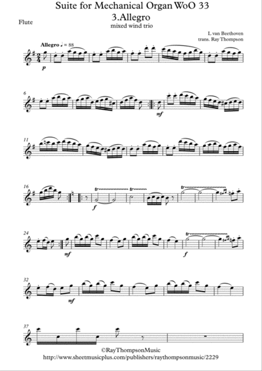 Beethoven: Suite for Mechanical Organ (Clock) WoO 33 Mvt. 3 Allegro - mixed wind trio Woodwind Trio scores gallery preview page 4