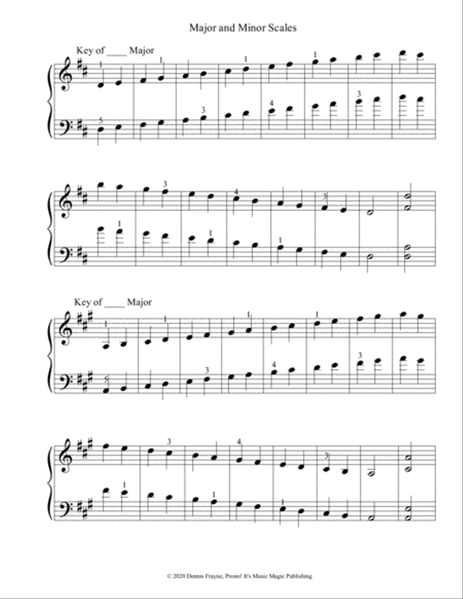 SCALES, Major and Minor Scales (C, G, D, A, E, B, F) Two Octaves (standard notation) Piano Method scores gallery preview page 2