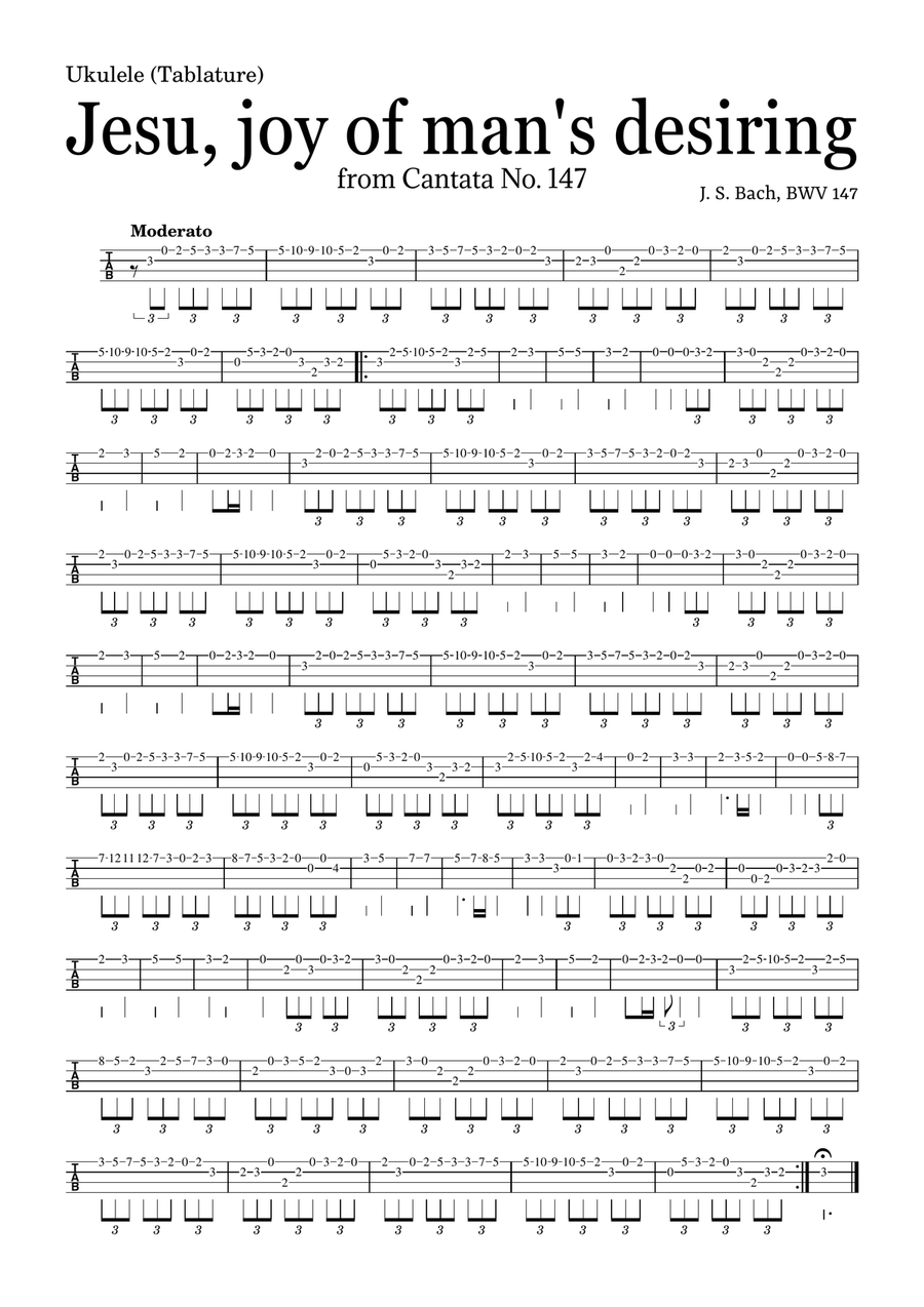 JESU, JOY OF MAN'S DESIRING by Bach - easy version for Ukulele (Tablature) and piano with chords Piano, Vocal scores gallery preview page 1