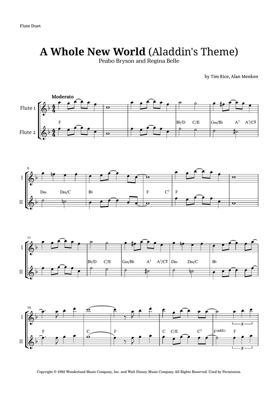 A Whole New World (aladdin's Theme) Flute Duet scores gallery preview page 1