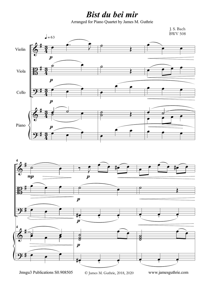 Bach: Bist du bei mir for Piano Quartet Piano Quartet scores gallery preview page 1