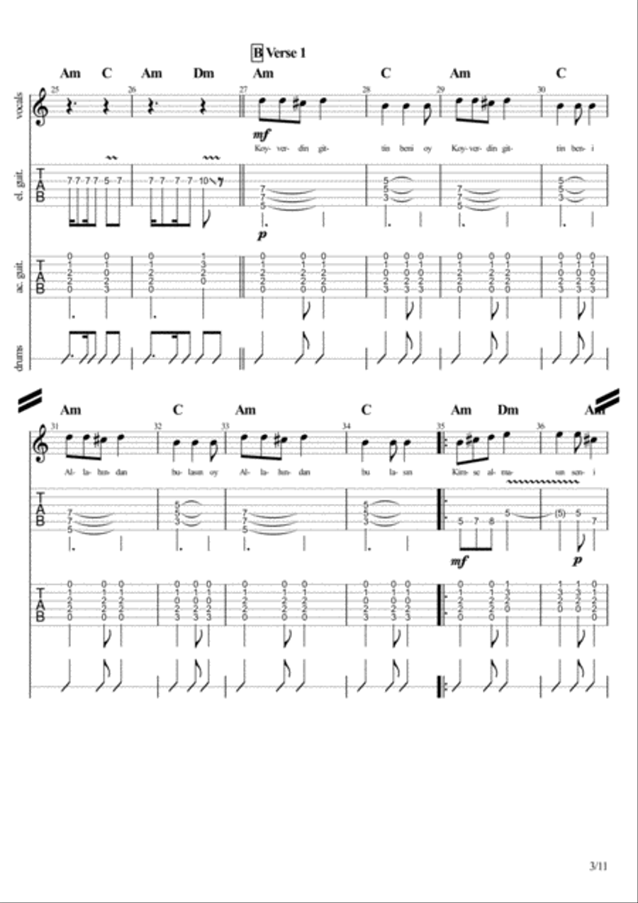 Koyverdin Gittin Beni (Turkish folk song reconstructed for a rock band setting) Guitar Tablature scores gallery preview page 3
