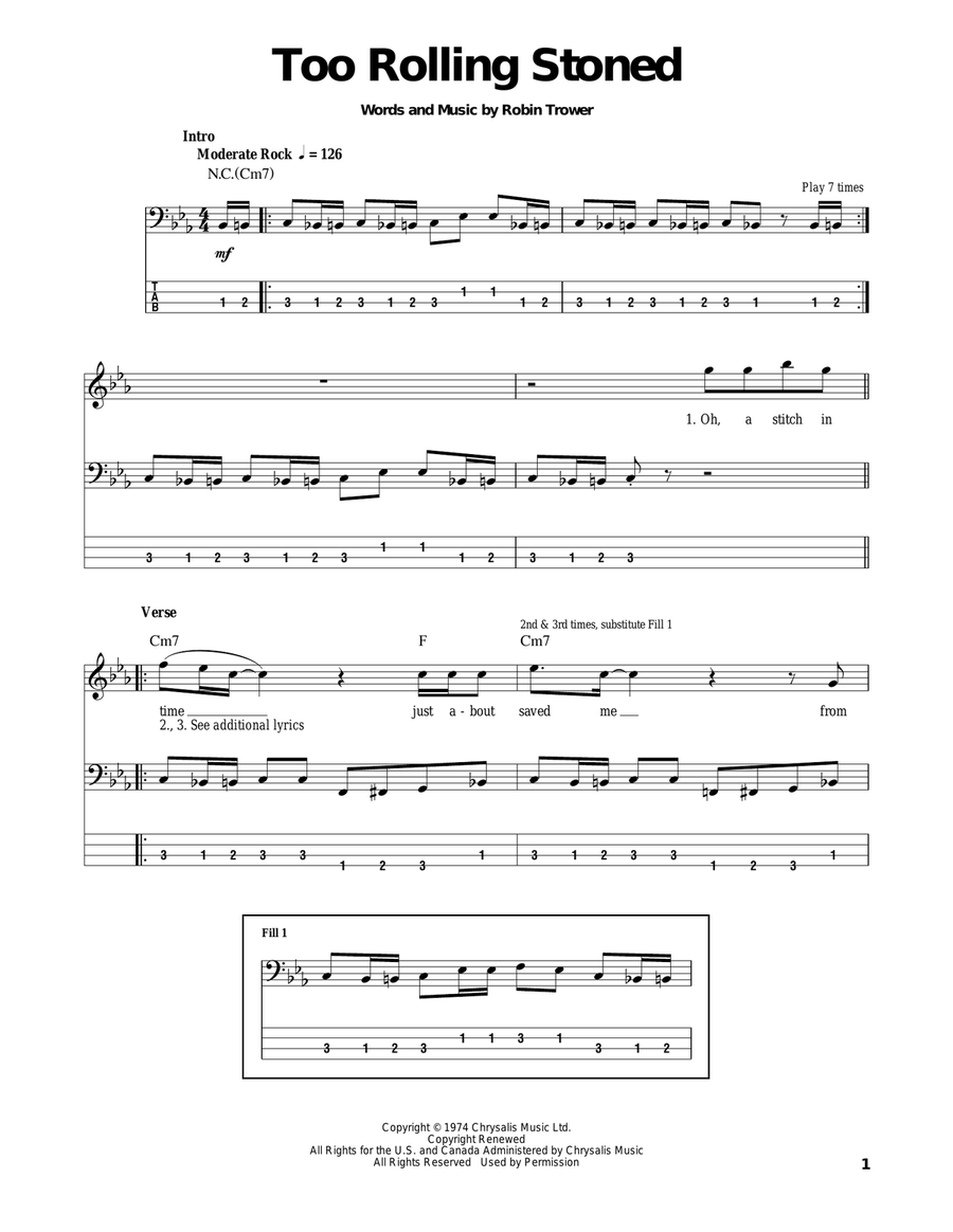 Too Rolling Stoned Bass Guitar Tablature scores gallery preview page 1
