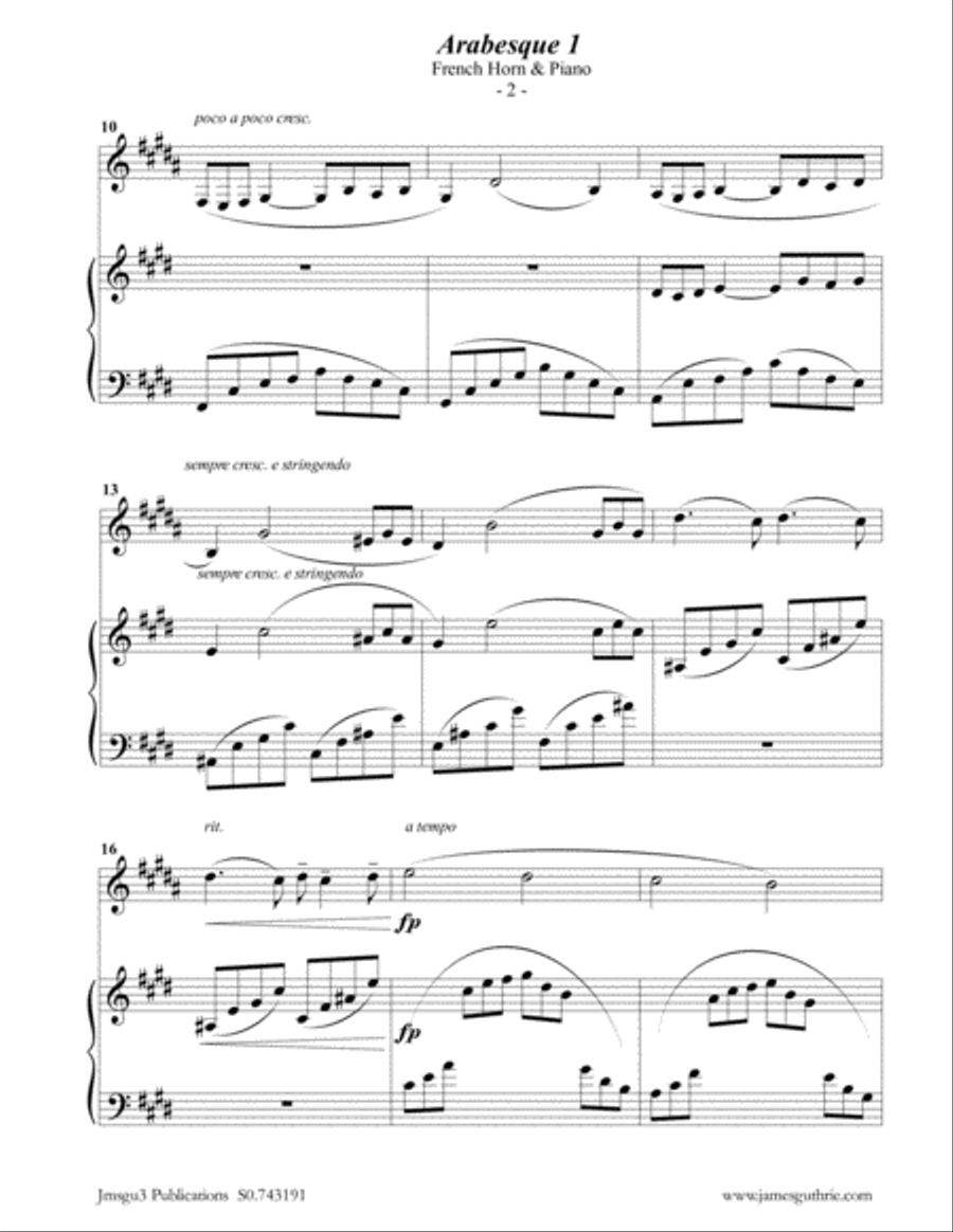 Debussy: Two Arabesques for French Horn & Piano Horn scores gallery preview page 2