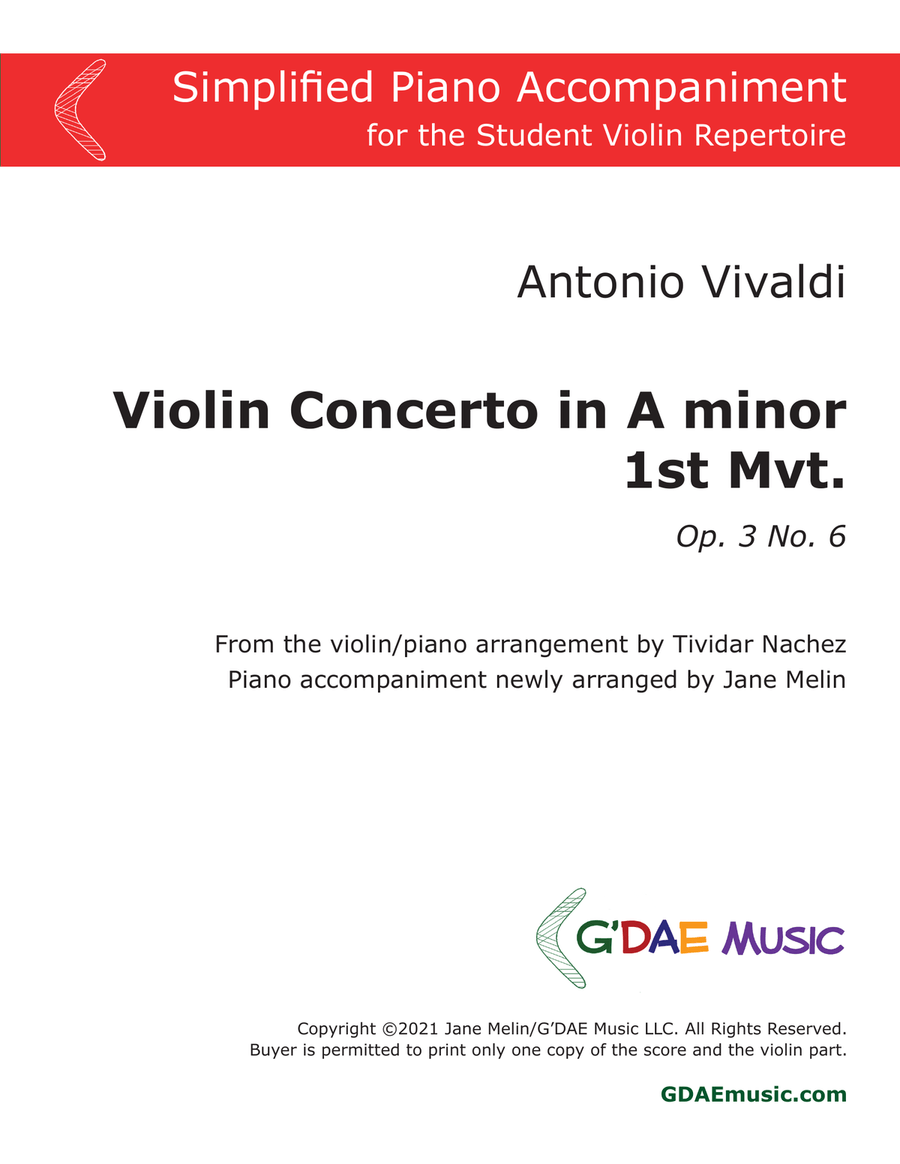 Vivaldi - Violin Concerto in Am Op. 3 No. 6 Mvt 1 - Simplified Piano Accompaniment Violin Solo scores gallery preview page 1