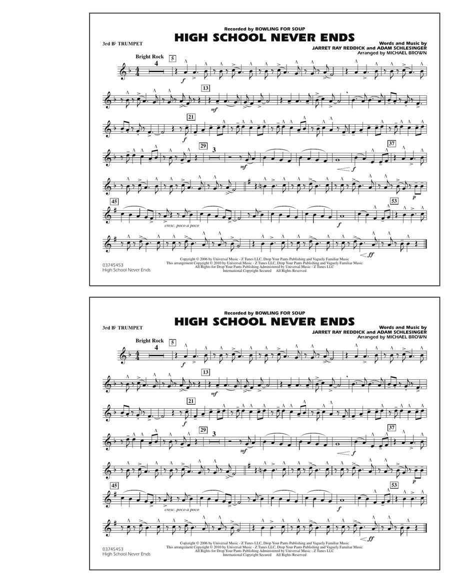 High School Never Ends - 3rd Bb Trumpet Marching Band scores gallery preview page 1