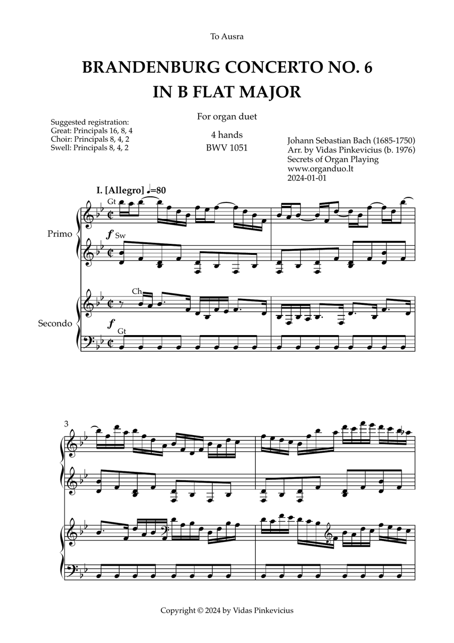 Brandenburg Concerto No. 6 in Bb Major, BWV 1051 (arr. for Organ Duet) by Johann Sebastian Bach Organ Solo scores gallery preview page 1