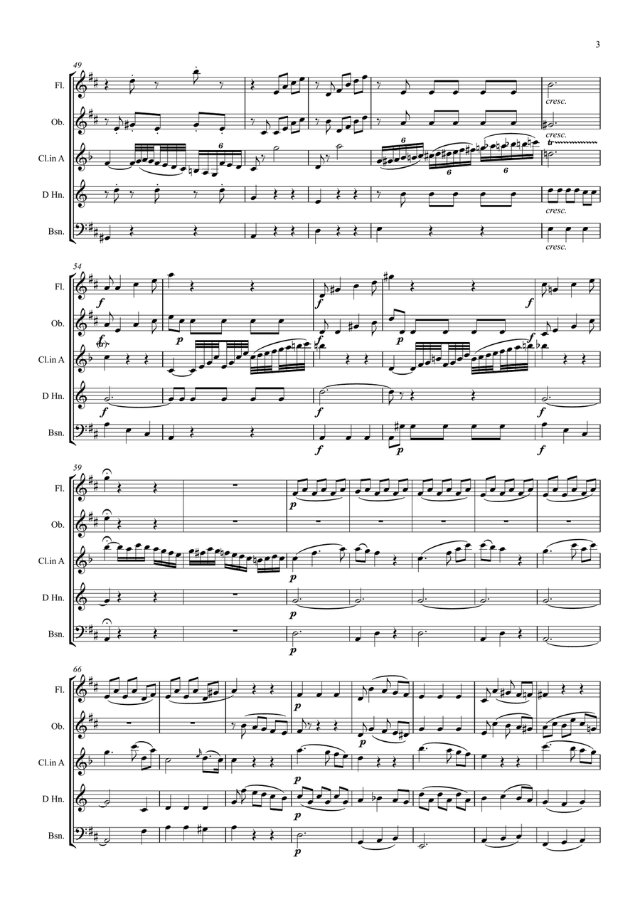 Mozart: Clarinet Concerto K622 Mvt.II Adagio (original key of D) - wind quintet (clarinet feature) Woodwind Quintet scores gallery preview page 3