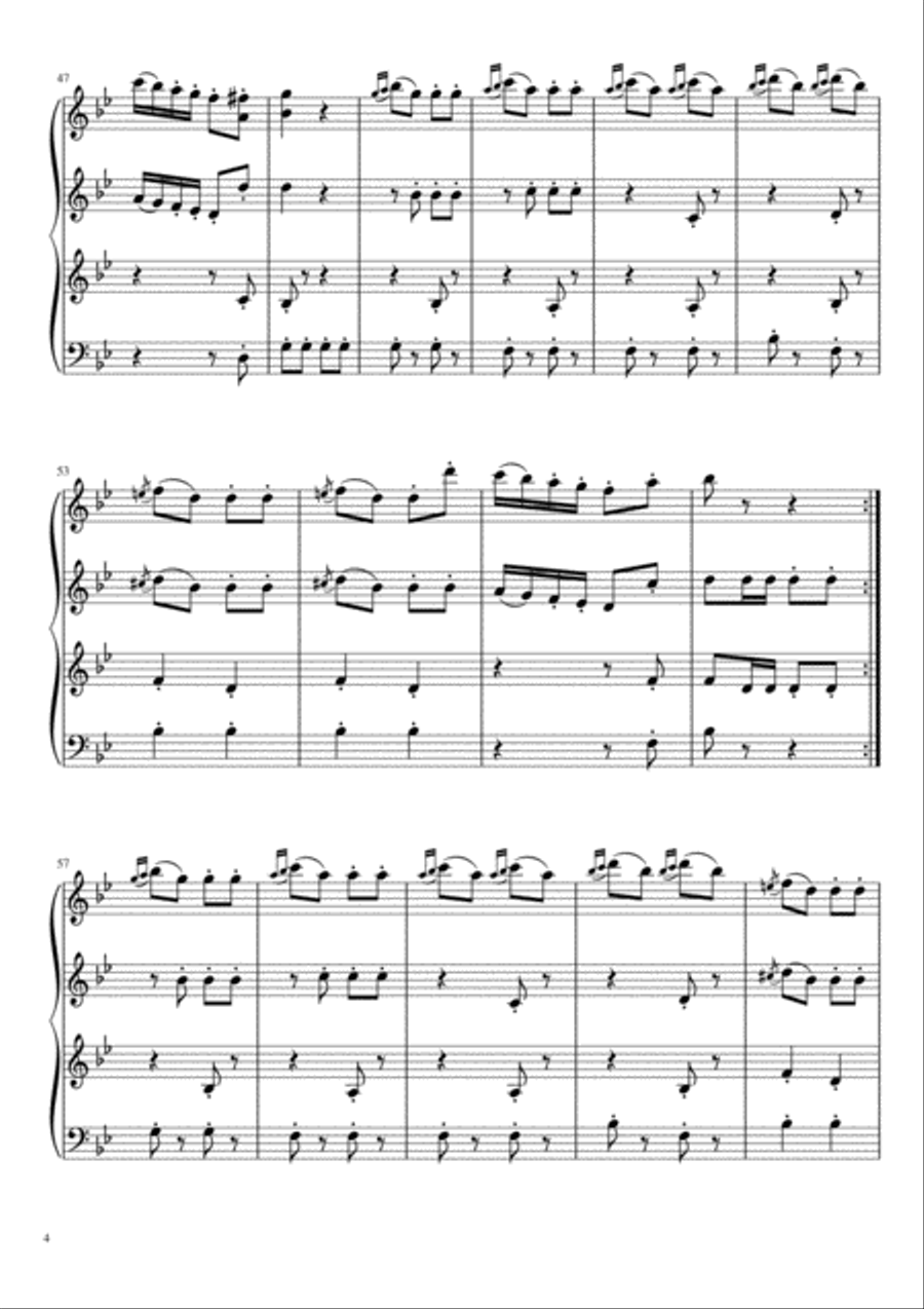 Turkish March (three violins and cello) String Quartet scores gallery preview page 5