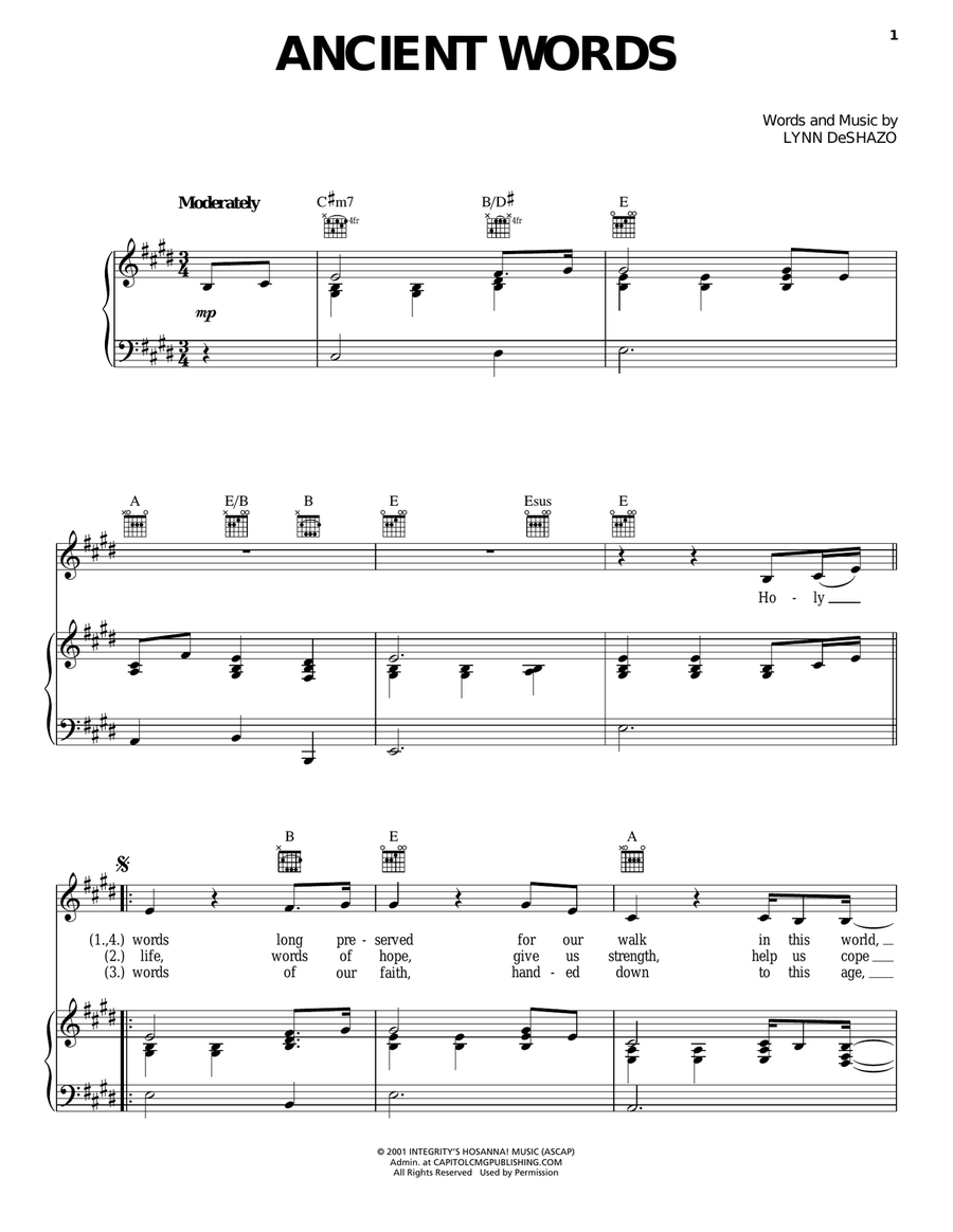 Ancient Words Piano, Vocal, Guitar scores gallery preview page 1