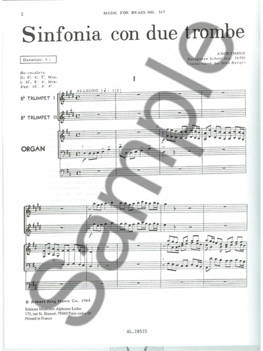 Sinfonia Con Due Trombe (trumpets 2 & Organ)