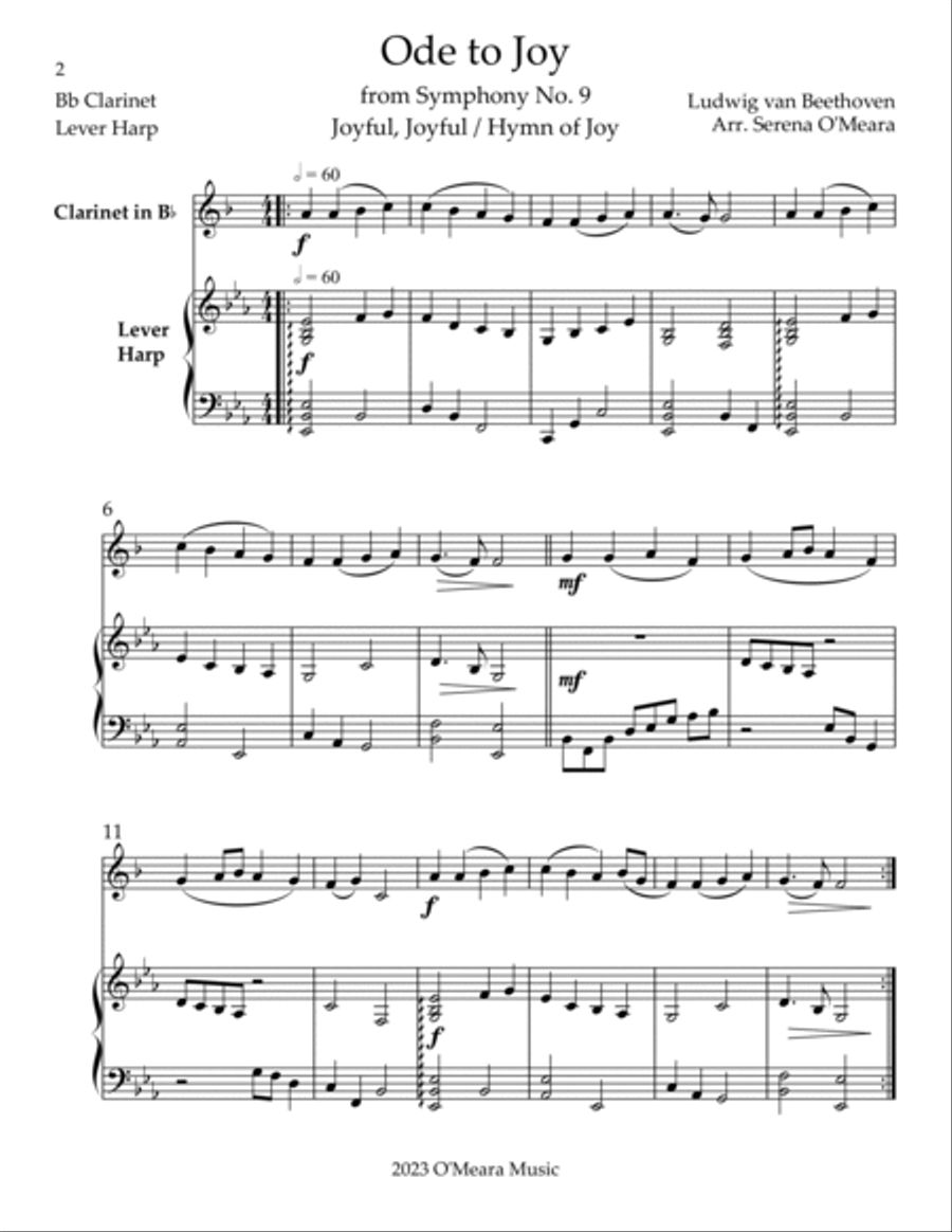 Ode to Joy, Duet for Bb Clarinet & Lever Harp B-Flat Clarinet scores gallery preview page 2