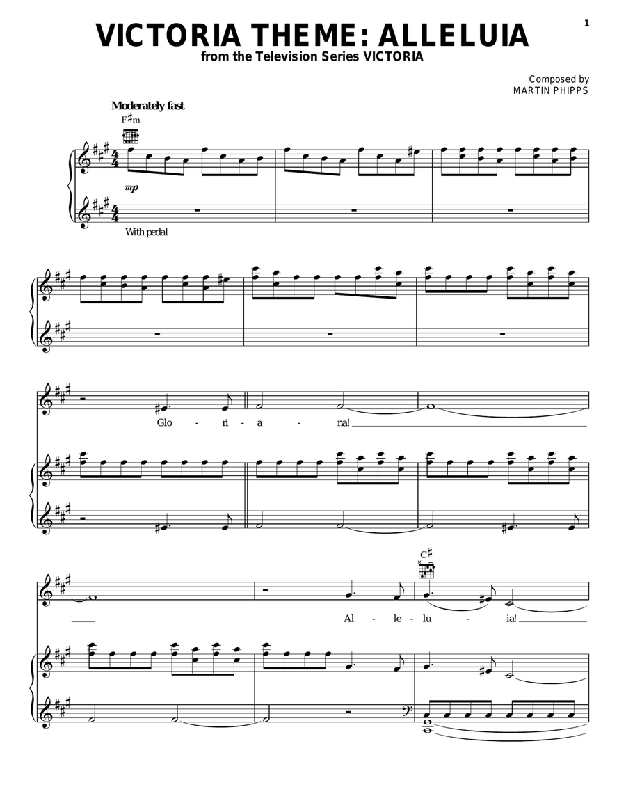 Victoria Theme: Alleluia Piano, Vocal, Guitar scores gallery preview page 1