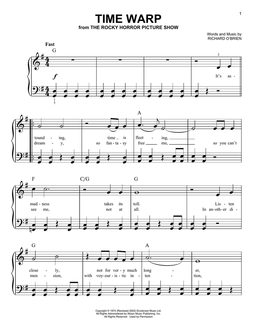 Time Warp (from The Rocky Horror Picture Show) Easy Piano scores gallery preview page 1