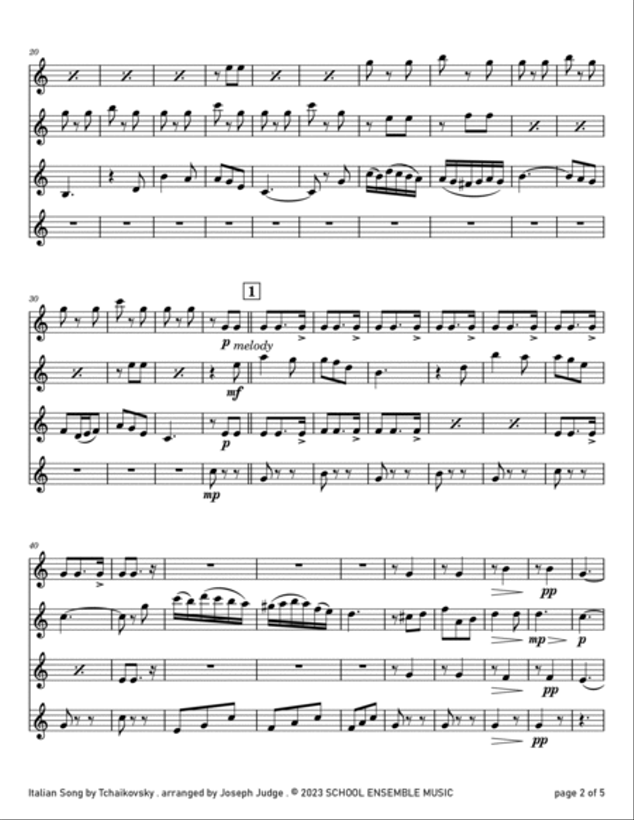 Italian Song by Tchaikovsky for Clarinet Quartet in Schools Clarinet Quartet scores gallery preview page 2