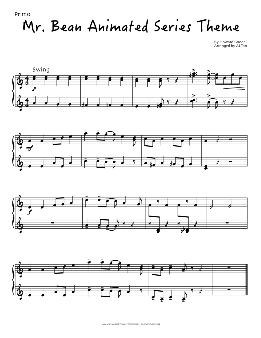 Mr. Bean Animated Series Theme 1 Piano, 4-Hands scores gallery preview page 1