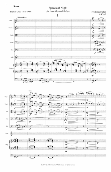 Frederick Frahm: Spaces of Night for voice, organ and strings, full score
