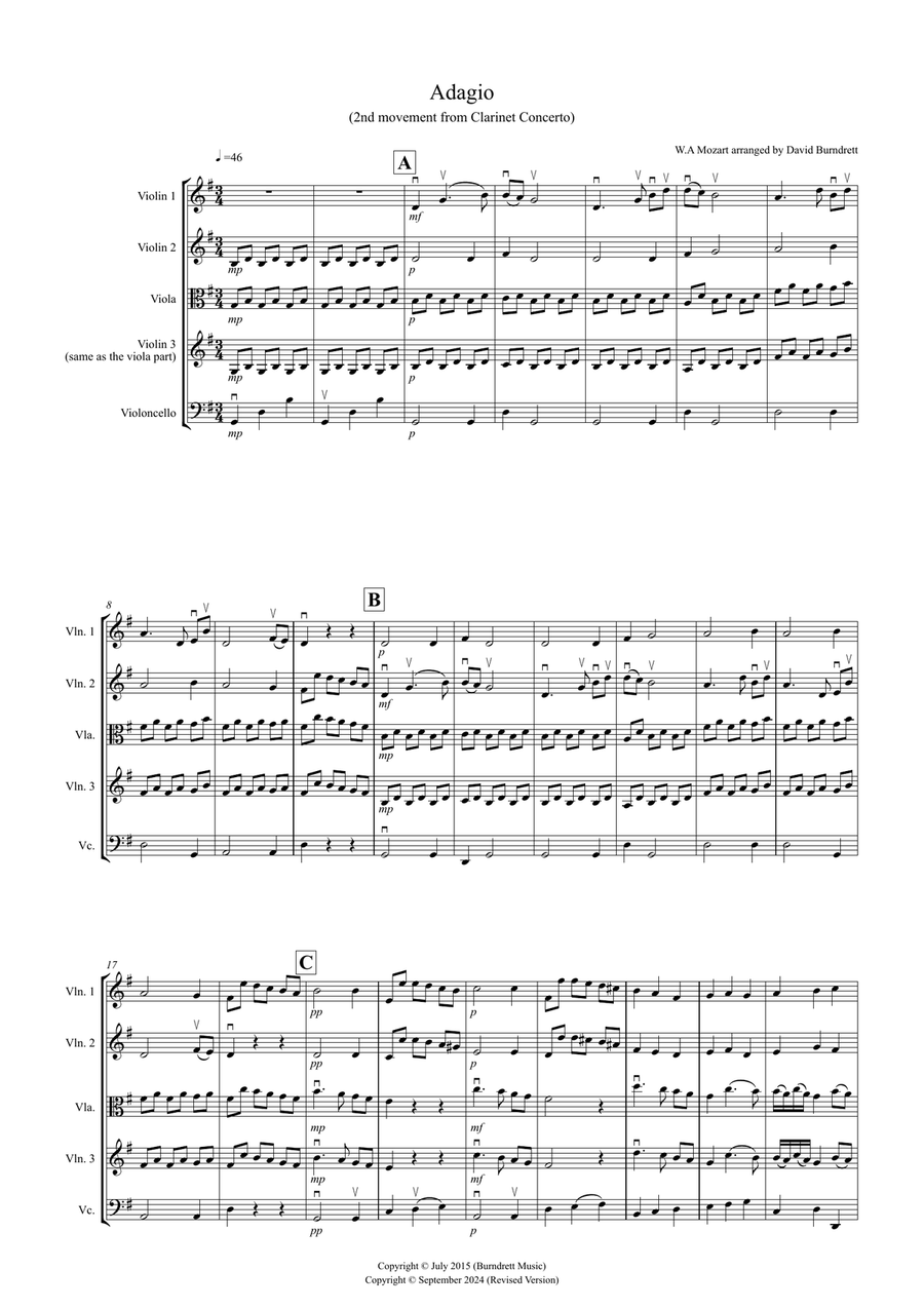 Adagio from Mozart's Clarinet Concerto for String Quartet String Quartet scores gallery preview page 1
