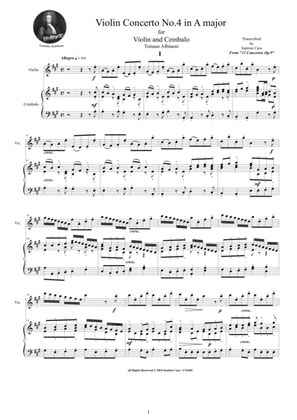 Book cover for Albinoni - Violin Concerto No.4 in A major Op.9 for Violin and Cembalo or Piano