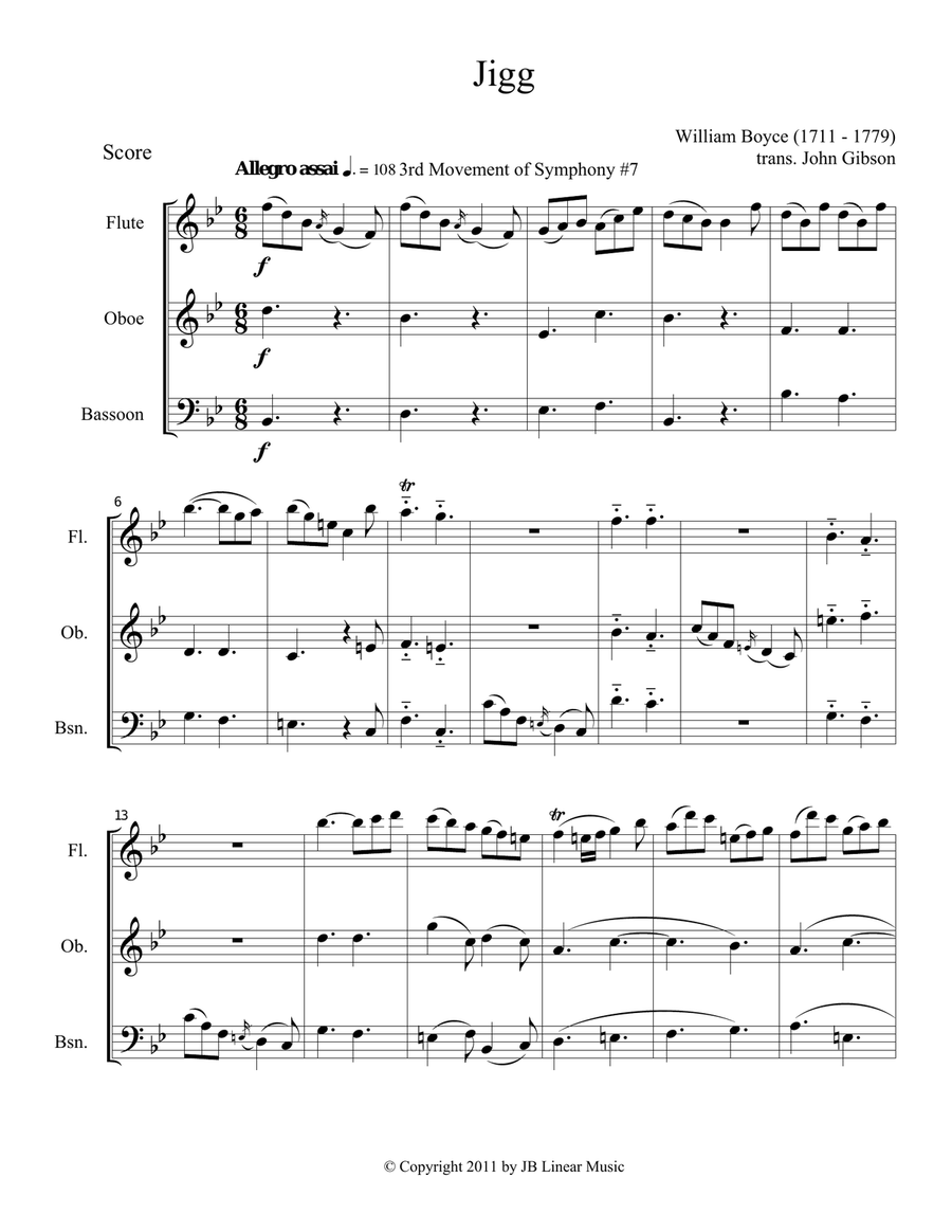 Jigg by William Boyce for mixed woodwind trio Woodwind Quartet scores gallery preview page 1