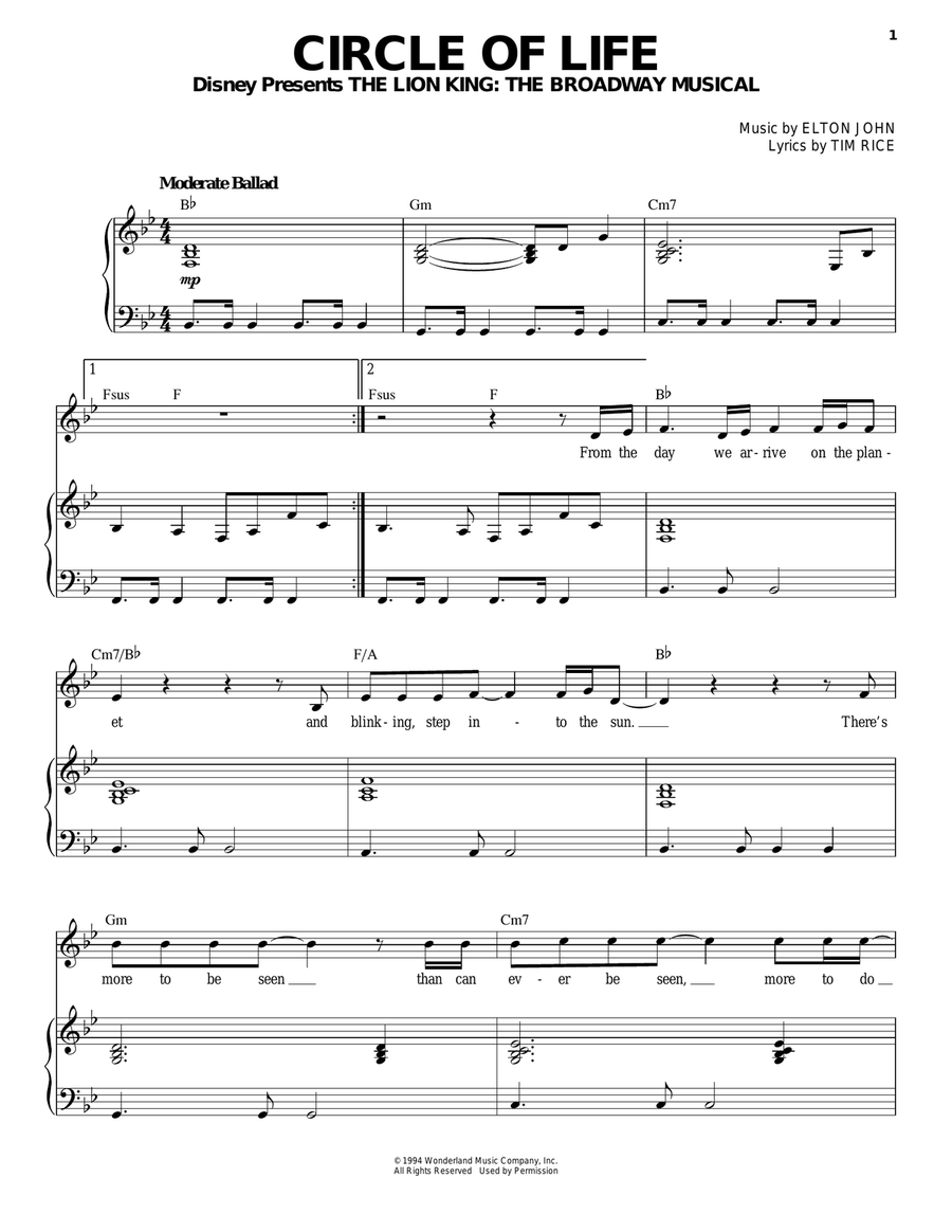 Circle Of Life (from The Lion King) Piano, Vocal scores gallery preview page 1