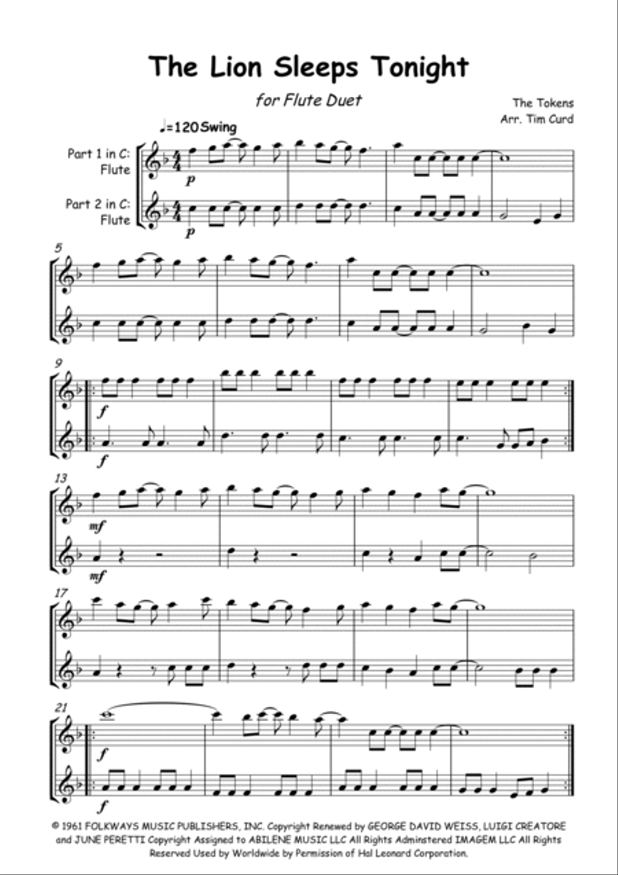The Lion Sleeps Tonight Flute Duet scores gallery preview page 2