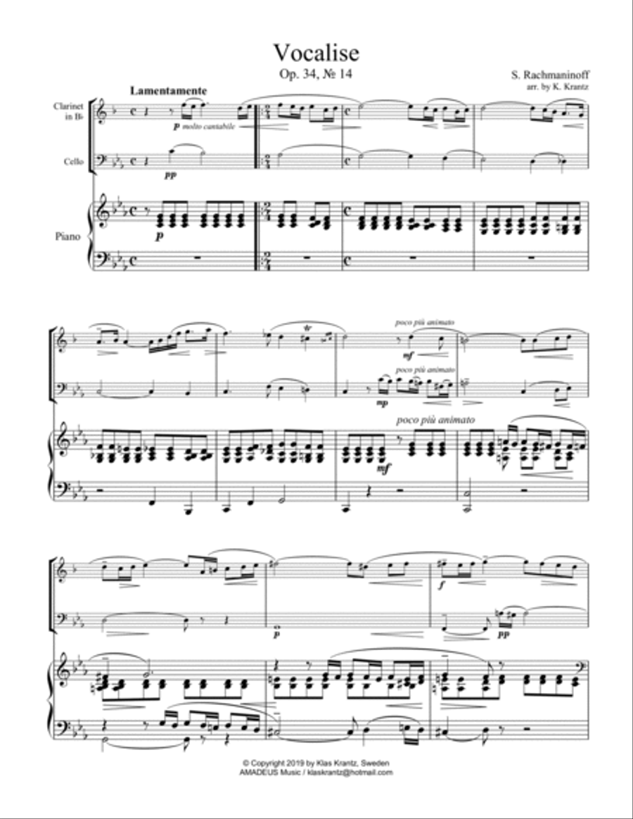 Vocalise Op. 34 for clarinet/sax in Bb, cello and piano (orchestra version) Saxophone scores gallery preview page 2
