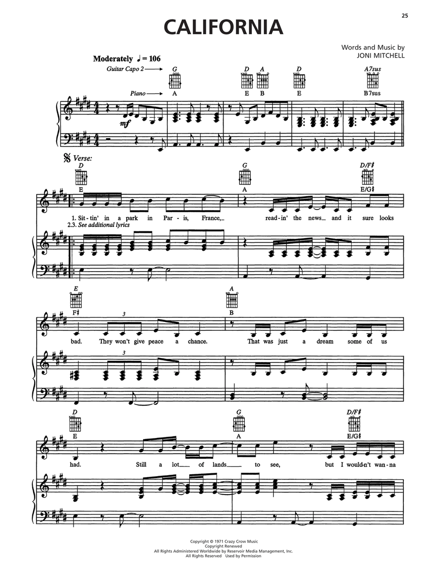California Piano, Vocal, Guitar scores gallery preview page 1