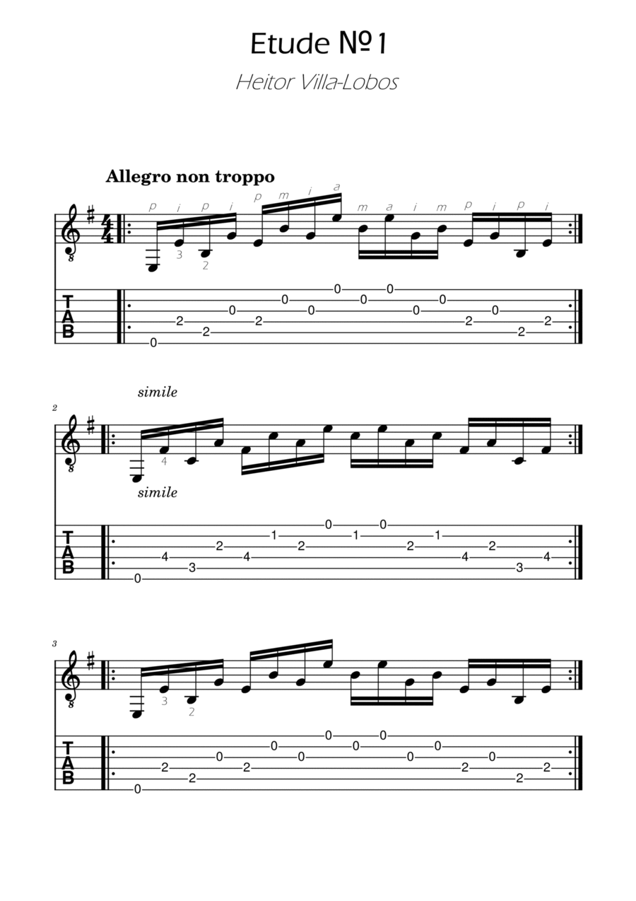 Etude No. 1 - Villa Lobos TABs Acoustic Guitar scores gallery preview page 1