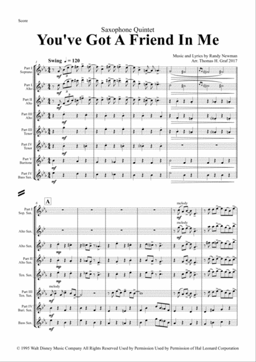 You've Got A Friend In Me Saxophone Quartet scores gallery preview page 1
