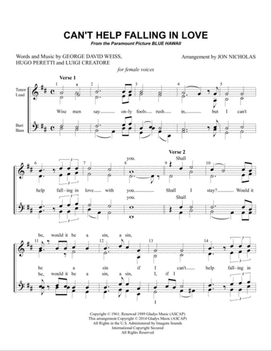 Can't Help Falling In Love SSAA scores gallery preview page 1