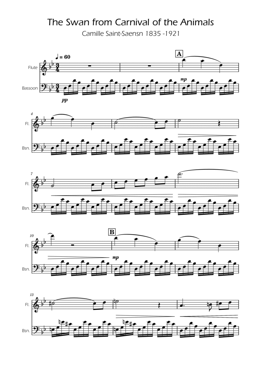 The Swan - Saint-Saens - Flute and Bassoon Duet Woodwind Duet scores gallery preview page 1