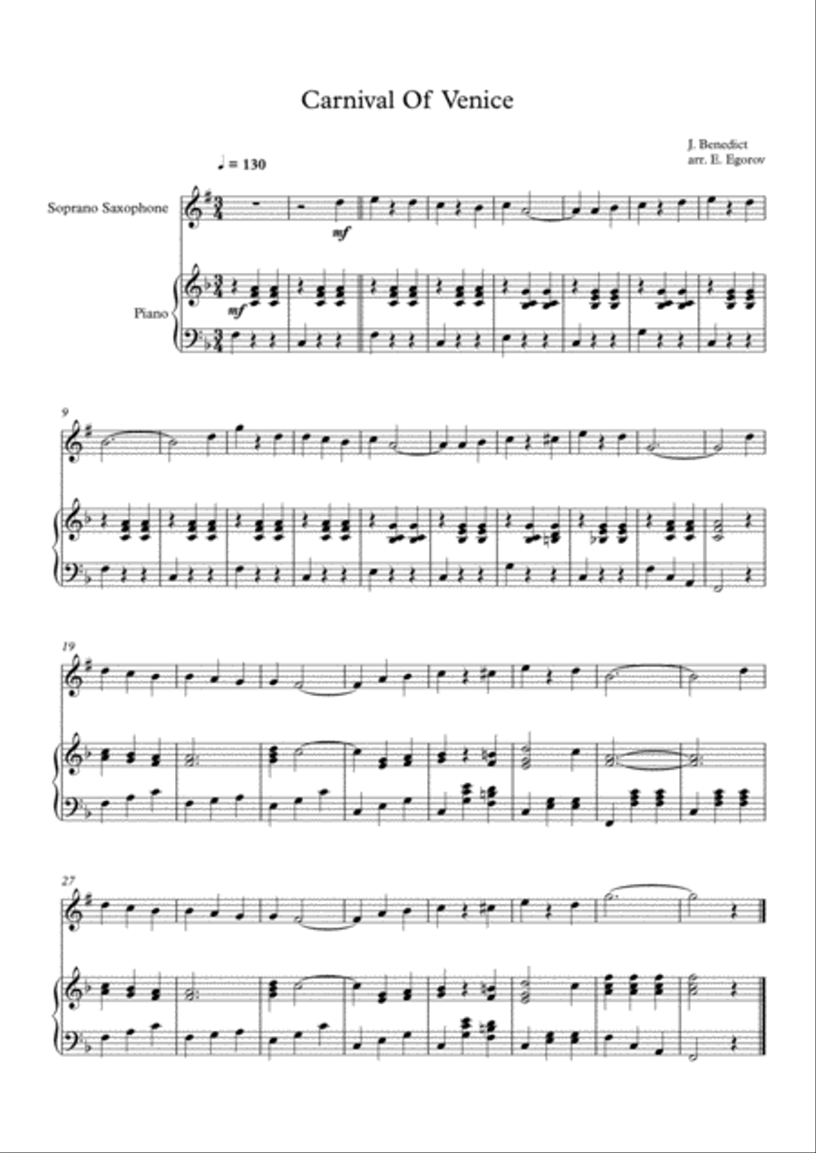 Carnival Of Venice, Julius Benedict, For Soprano Saxophone & Piano Soprano Saxophone scores gallery preview page 1
