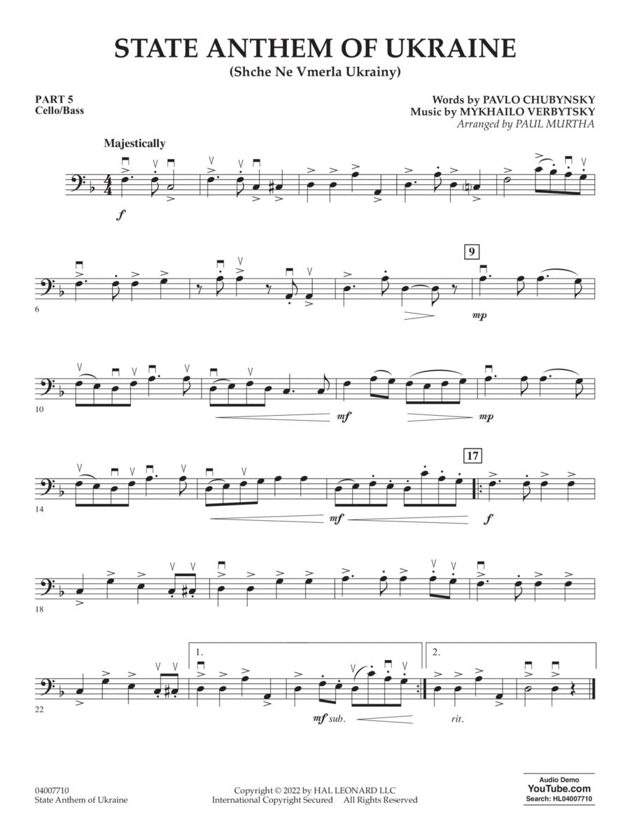 State Anthem of Ukraine (Shche Ne Vmerla Ukrainy) (arr. Murtha) - Pt. 5 - Cello/Bass