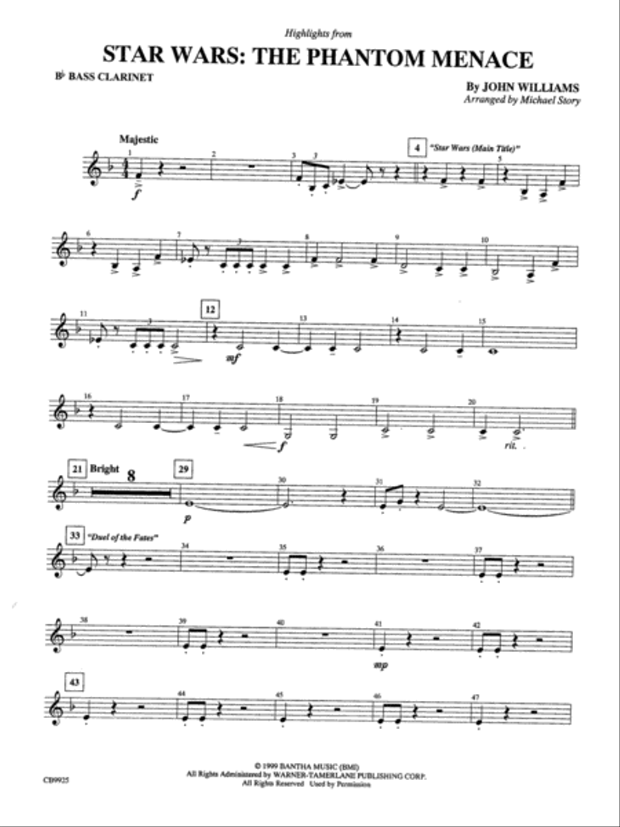 Highlights from Star Wars: Episode I The Phantom Menace: B-flat Bass Clarinet Concert Band scores gallery preview page 1