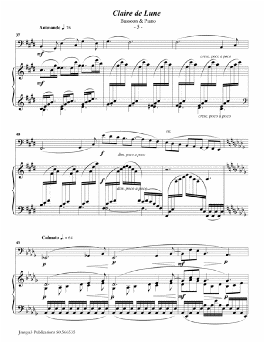 Debussy: Claire de Lune for Bassoon & Piano Woodwind Duet scores gallery preview page 5
