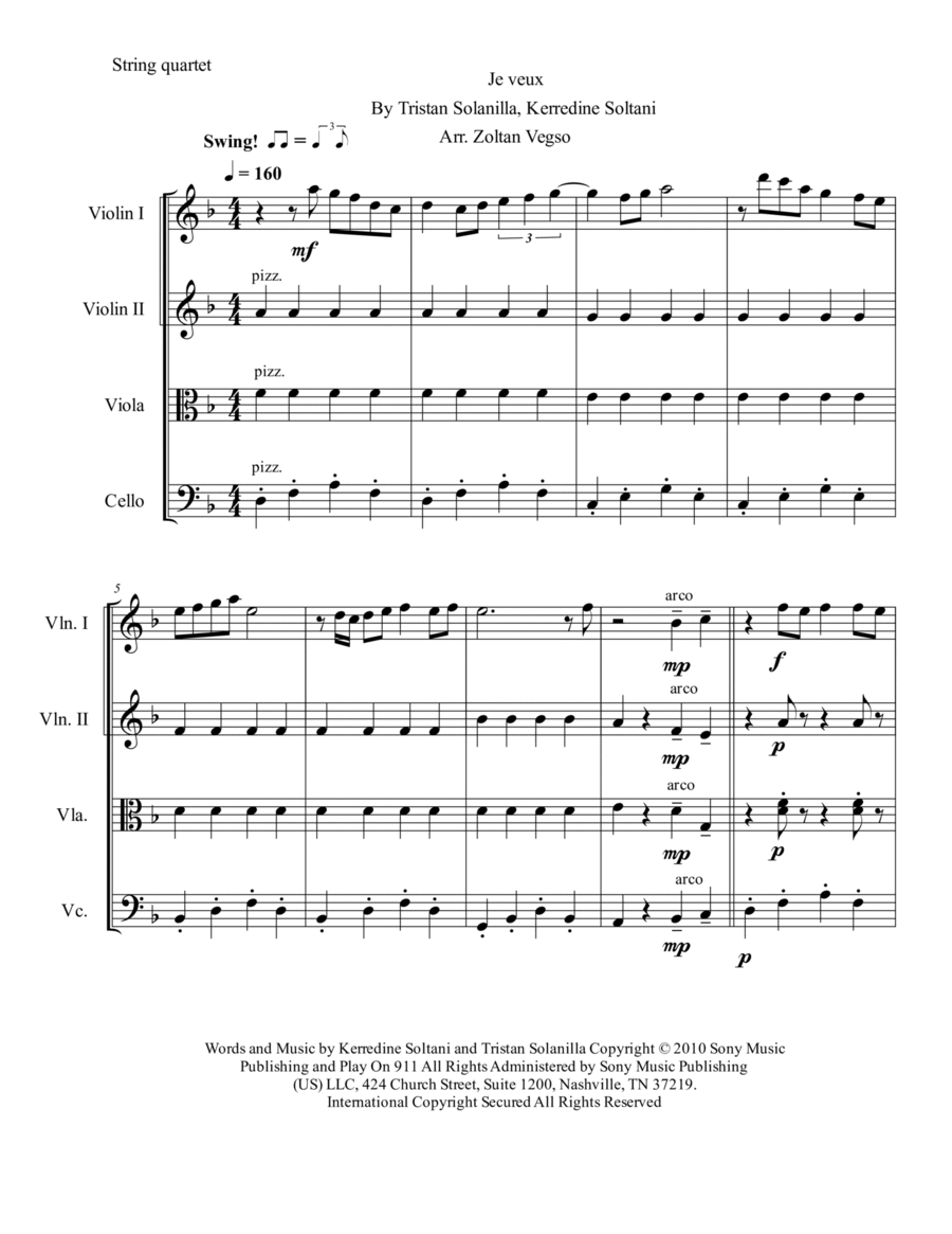 Je Veux String Quartet scores gallery preview page 1