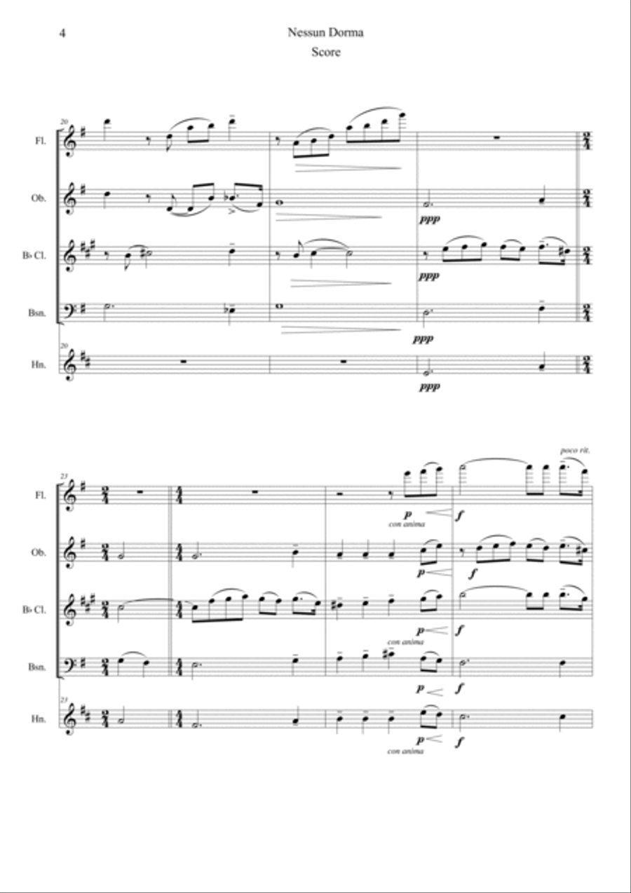 Nessun Dorma (Opera Turandot aria) Woodwind Quintet scores gallery preview page 4