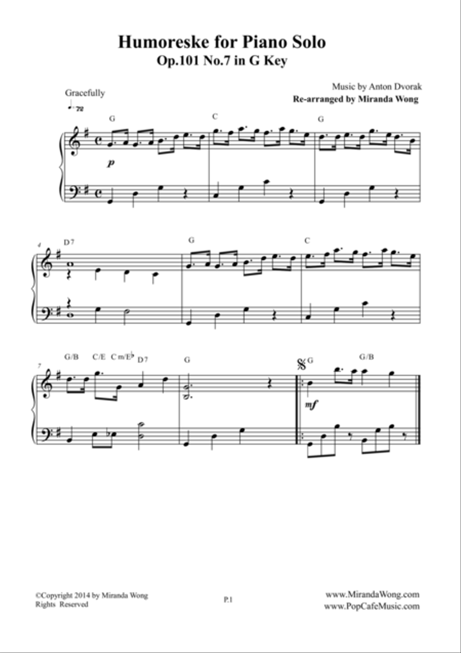 Humoreske Op.101 No.7 - Piano Solo in G Key 4-Part scores gallery preview page 1
