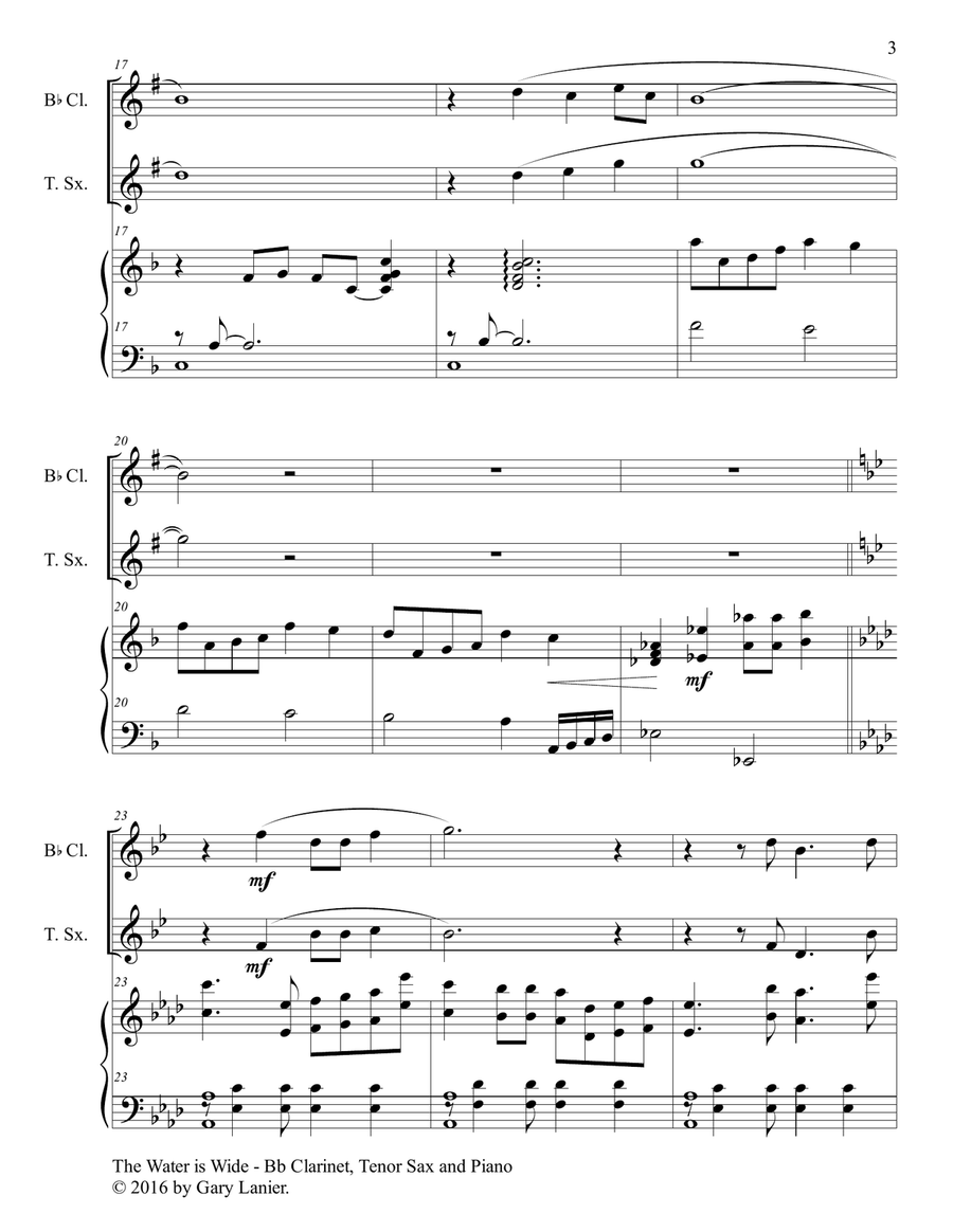 THE WATER IS WIDE (Trio – Bb Clarinet, Tenor Sax with Piano and Parts) Woodwind Duet scores gallery preview page 4