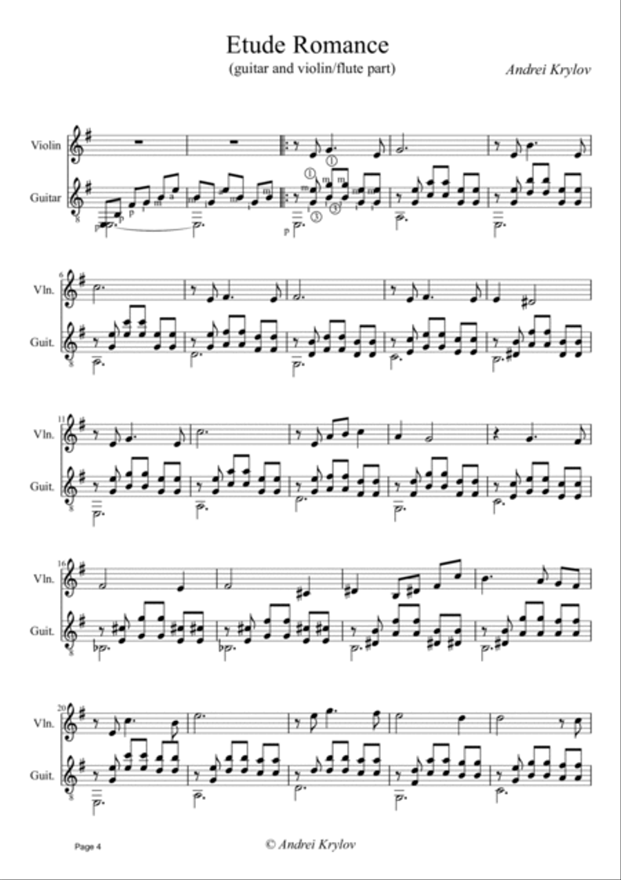 7 Romances for classical guitar. Two for violin and guitar. Music by Andrei Krylov String Duet scores gallery preview page 6
