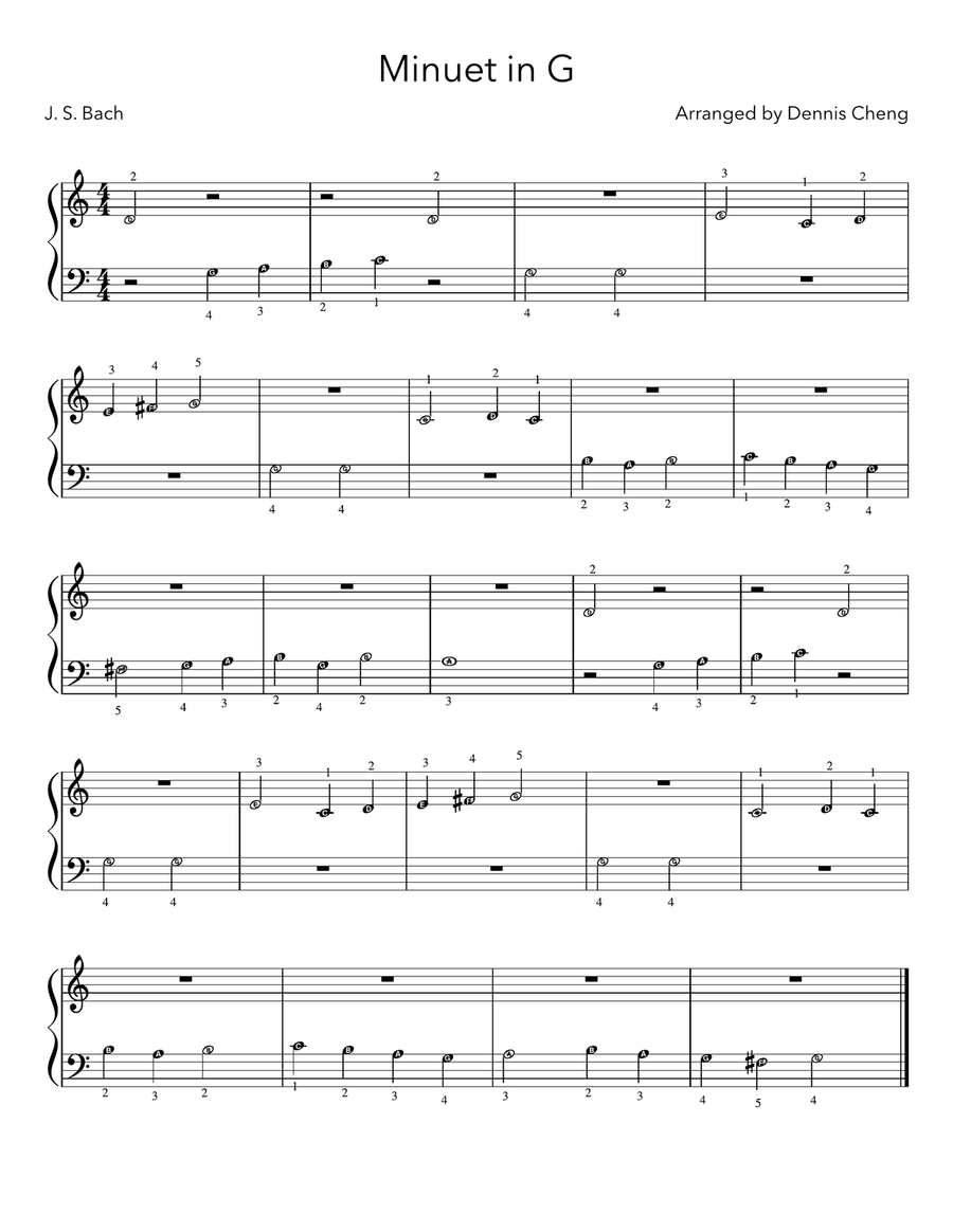 Minuet in G (J.S. Bach) - 4 Beginner Piano Versions (with letters and with finger numbers) Piano Method scores gallery preview page 1